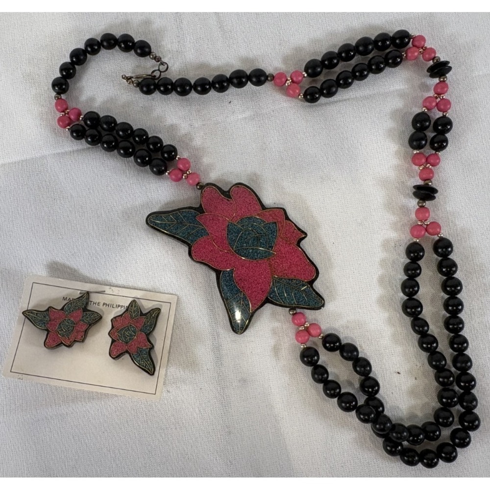Made in Philippines Vintage Pink Floral Black Beads Necklace Matching Earrings